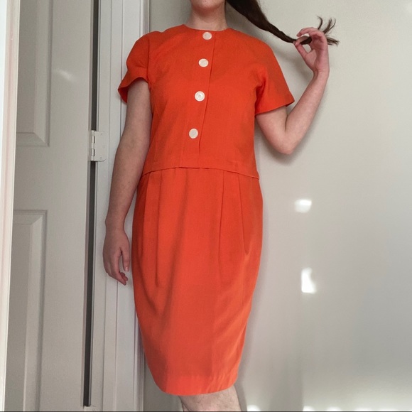 Bright Orange True Vintage 80s Jessica Howard Office Dress with a Linen Feel - Picture 3 of 13